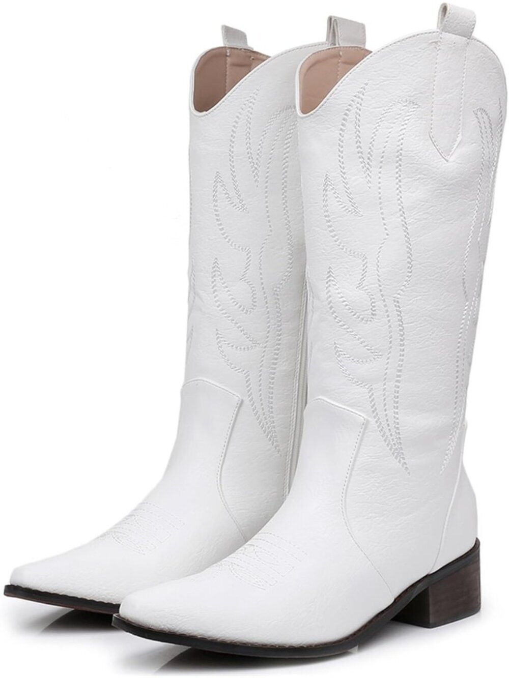 Women's White Cowboy Mid Calf Side Zipper Chunky Heel Fashion Leather Boots
